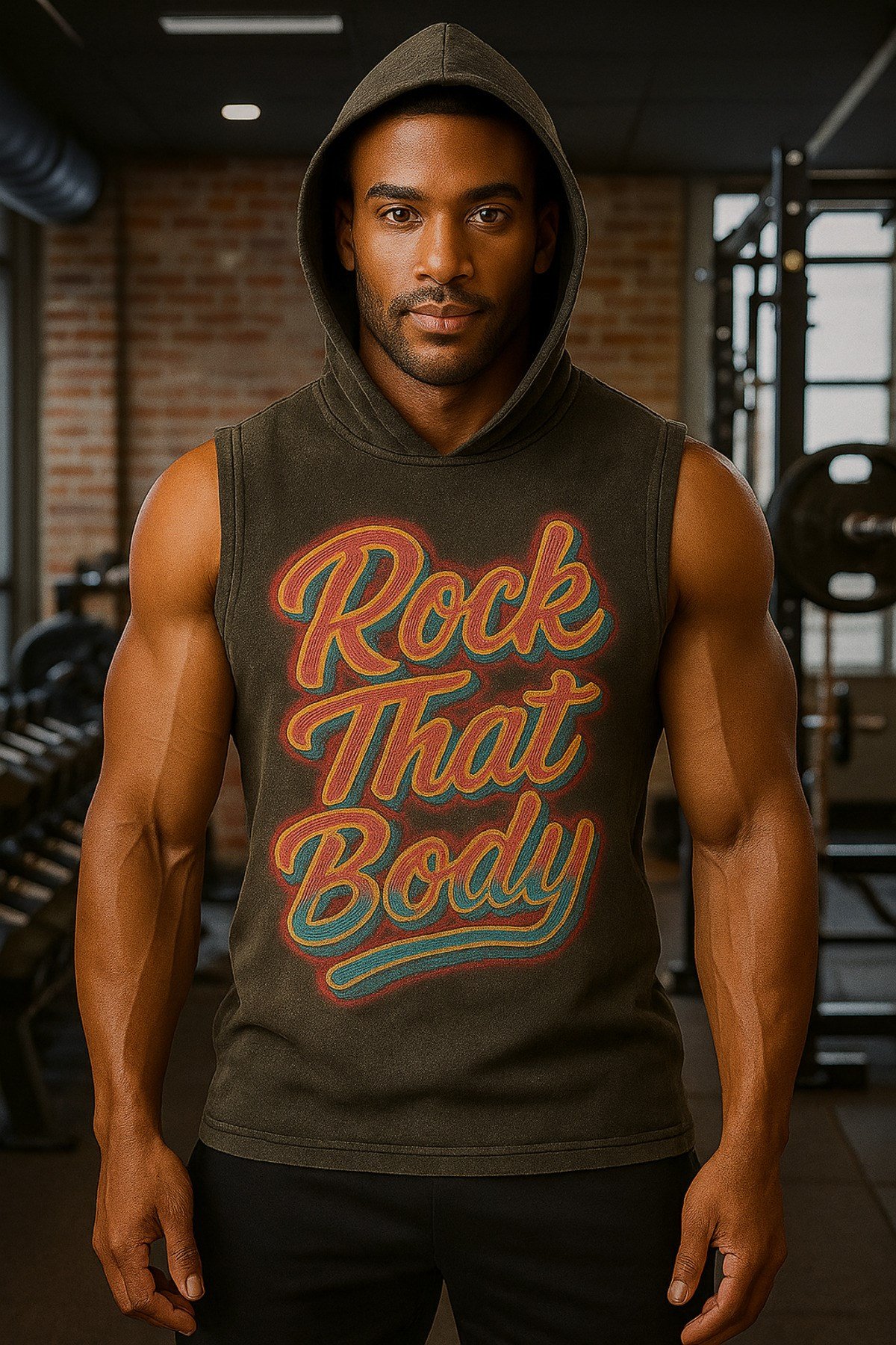 Siyah Erkek Kapüşonlu Antrenman Sporcu Atleti Oversize Yıkamalı RockThatBody Baskılı Kolsuz T-Shirt