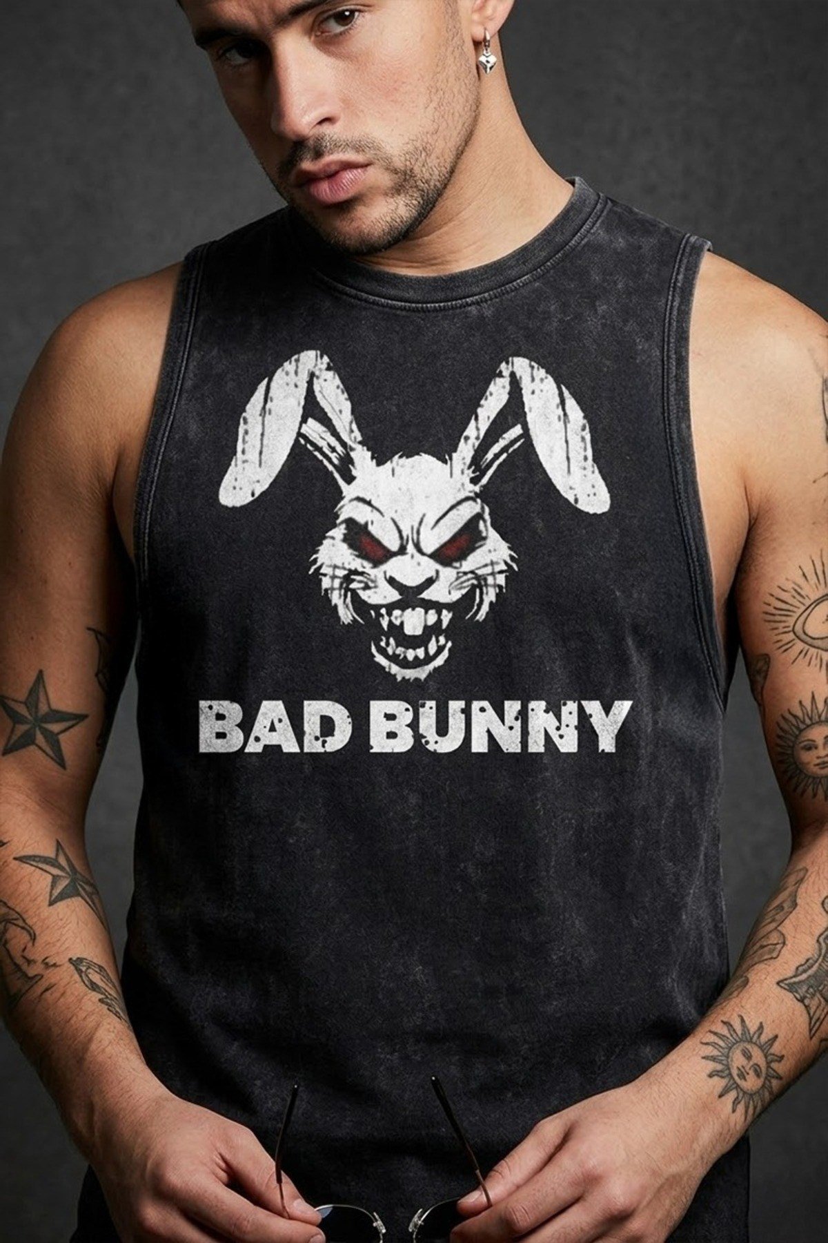 Siyah Erkek Pamuklu Antrenman Sporcu Atleti Oversize Yıkamalı Bad Bunny Baskılı Kolsuz T-Shirt