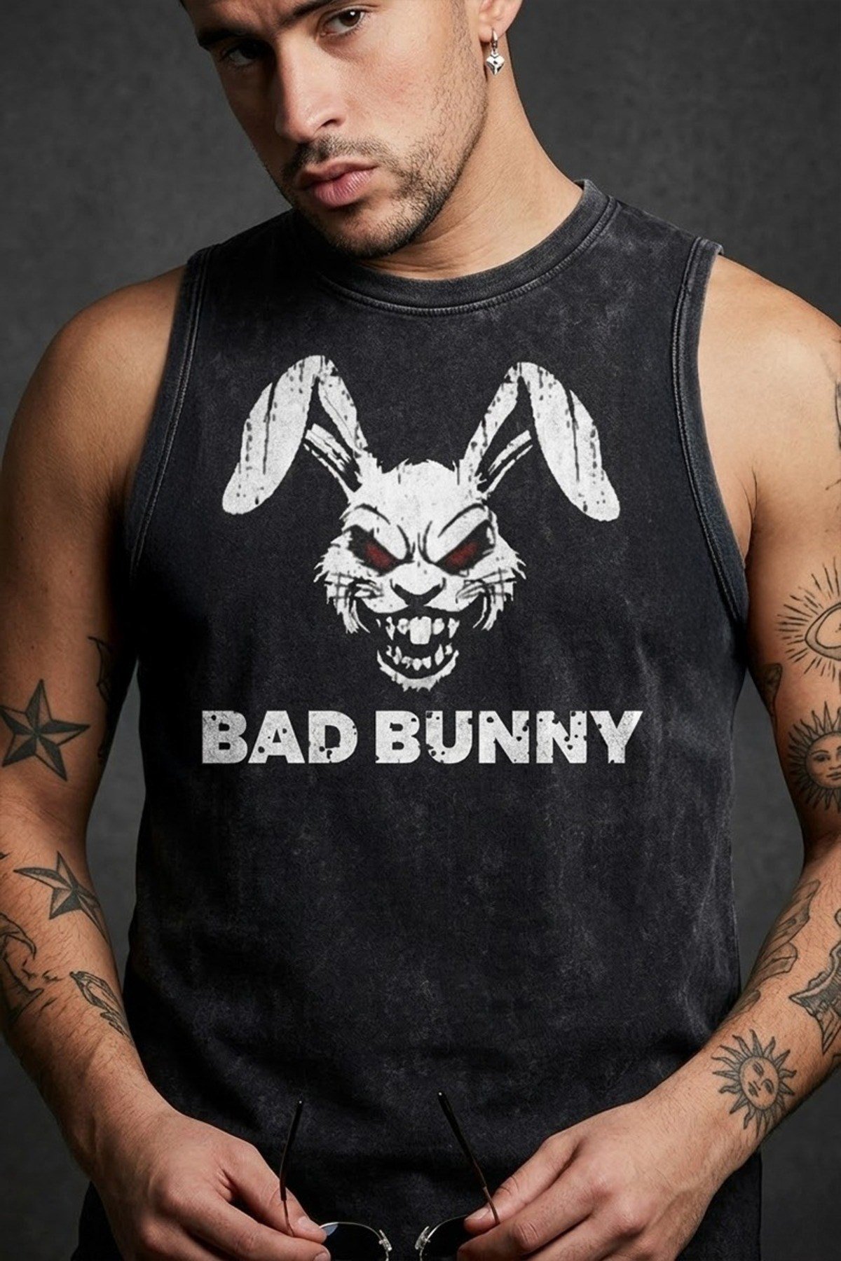 Siyah Erkek Pamuklu Antrenman Sporcu Atleti Oversize Yıkamalı Bad Bunny Baskılı Kolsuz T-Shirt