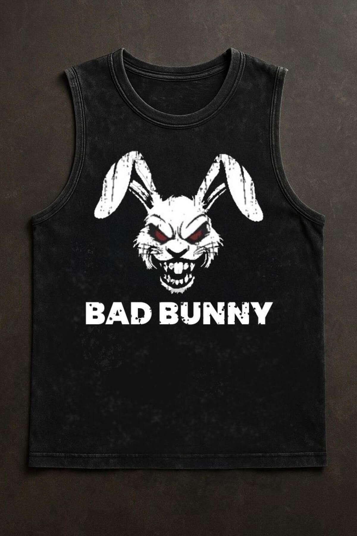 Siyah Erkek Pamuklu Antrenman Sporcu Atleti Oversize Yıkamalı Bad Bunny Baskılı Kolsuz T-Shirt
