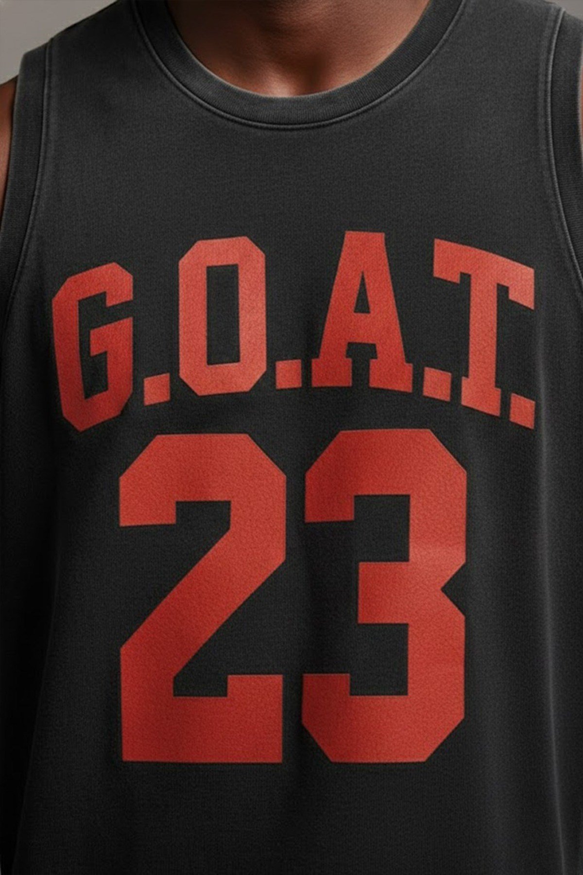 Siyah Erkek Pamuklu Antrenman Sporcu Atleti Oversize Yıkamalı Goat 23 Baskılı Kolsuz T-Shirt