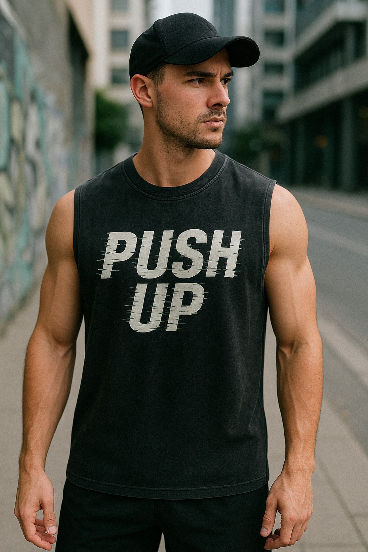 Siyah Erkek Pamuklu Antrenman Sporcu Atleti Oversize Yıkamalı Push Up Baskılı Kolsuz T-Shirt