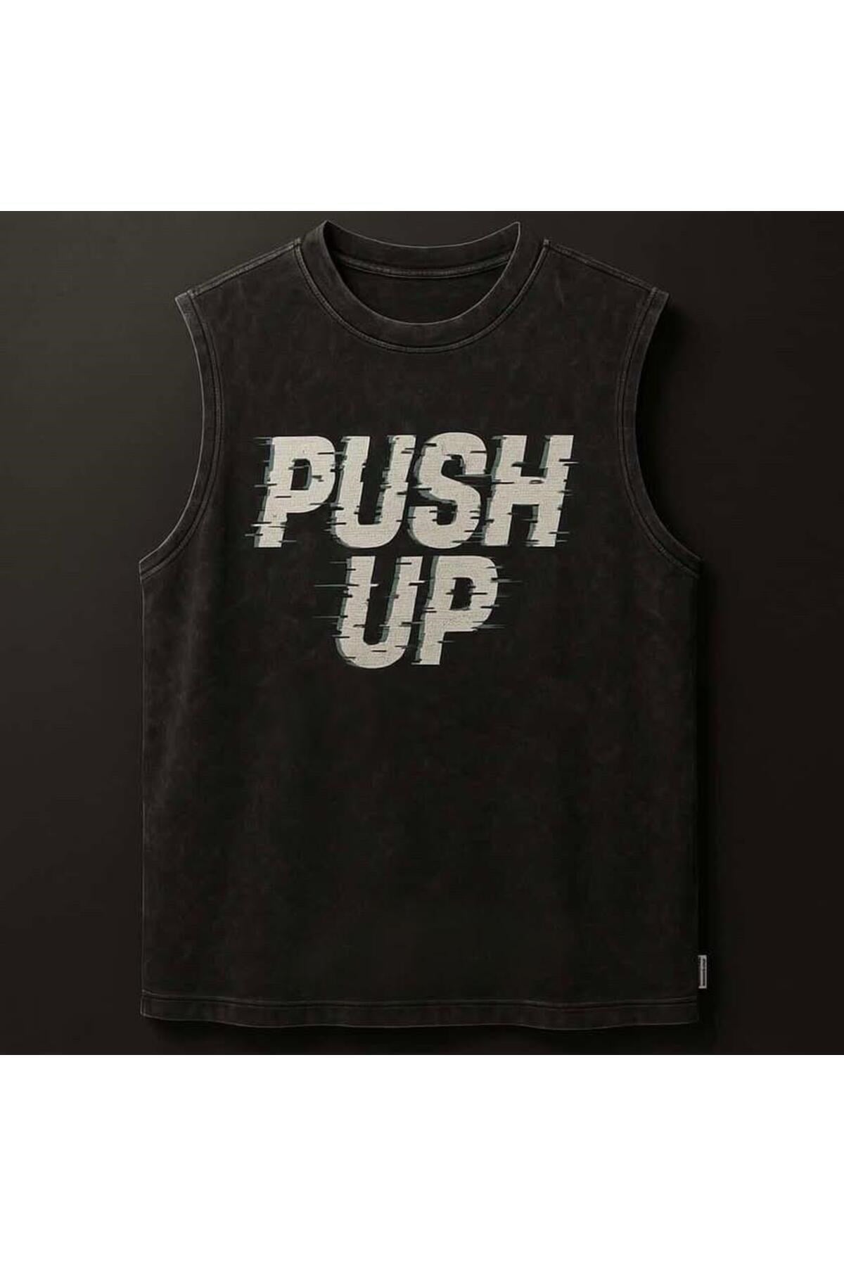Siyah Erkek Pamuklu Antrenman Sporcu Atleti Oversize Yıkamalı Push Up Baskılı Kolsuz T-Shirt