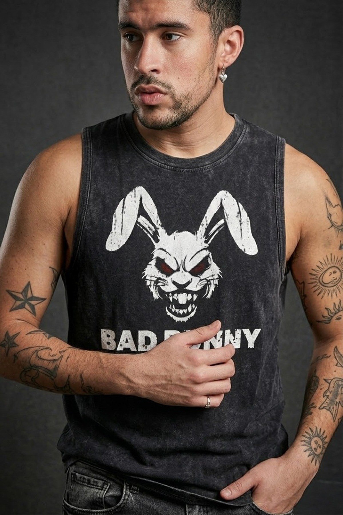 Siyah Erkek Pamuklu Antrenman Sporcu Atleti Oversize Yıkamalı Bad Bunny Baskılı Kolsuz T-Shirt
