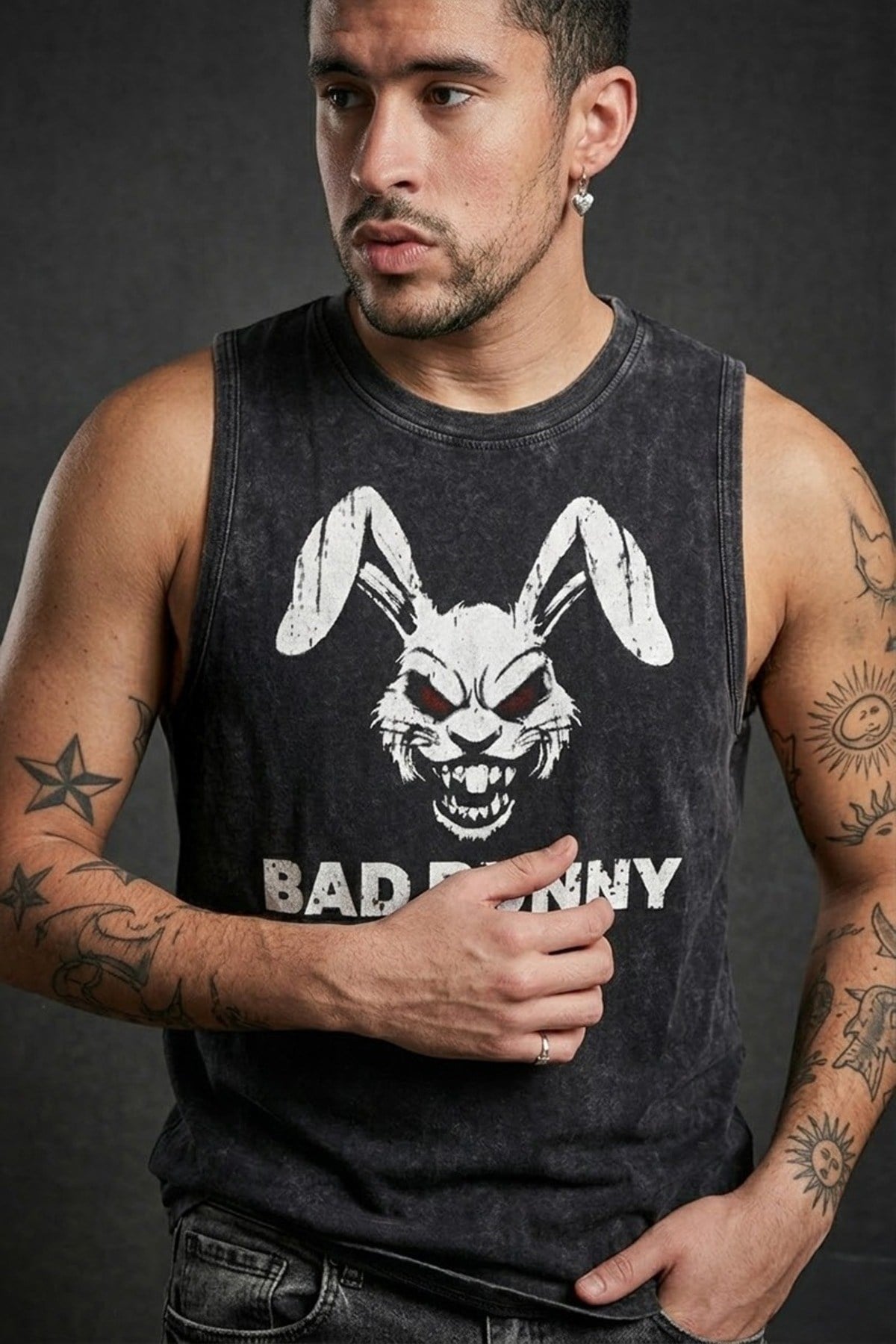 Siyah Erkek Pamuklu Antrenman Sporcu Atleti Oversize Yıkamalı Bad Bunny Baskılı Kolsuz T-Shirt
