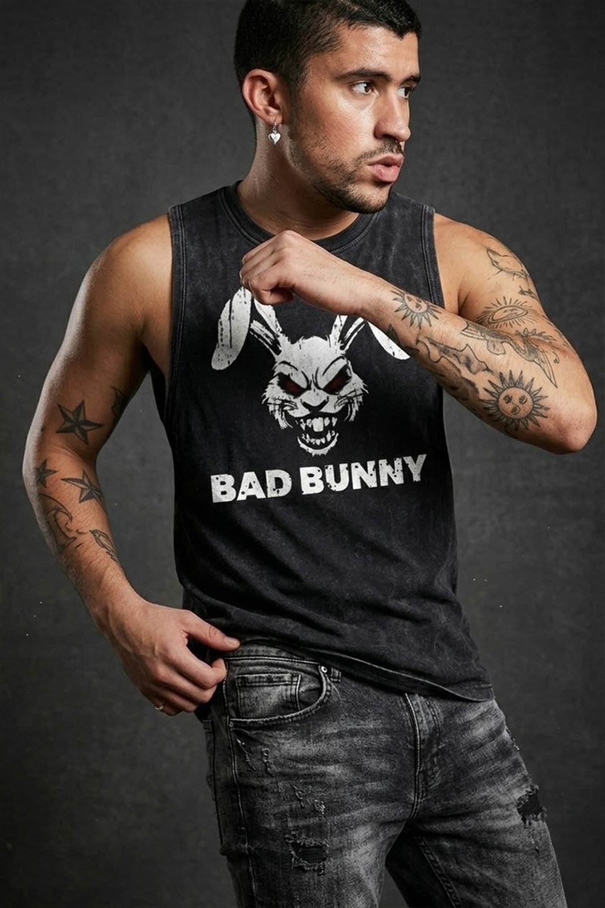 Siyah Erkek Pamuklu Antrenman Sporcu Atleti Oversize Yıkamalı Bad Bunny Baskılı Kolsuz T-Shirt