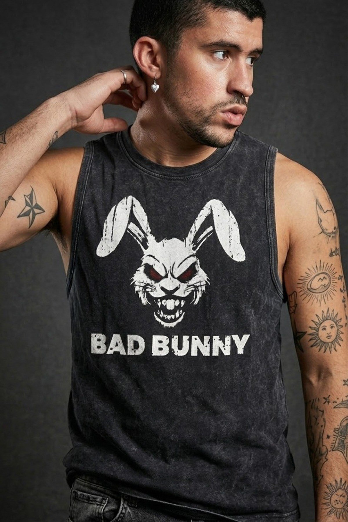 Siyah Erkek Pamuklu Antrenman Sporcu Atleti Oversize Yıkamalı Bad Bunny Baskılı Kolsuz T-Shirt