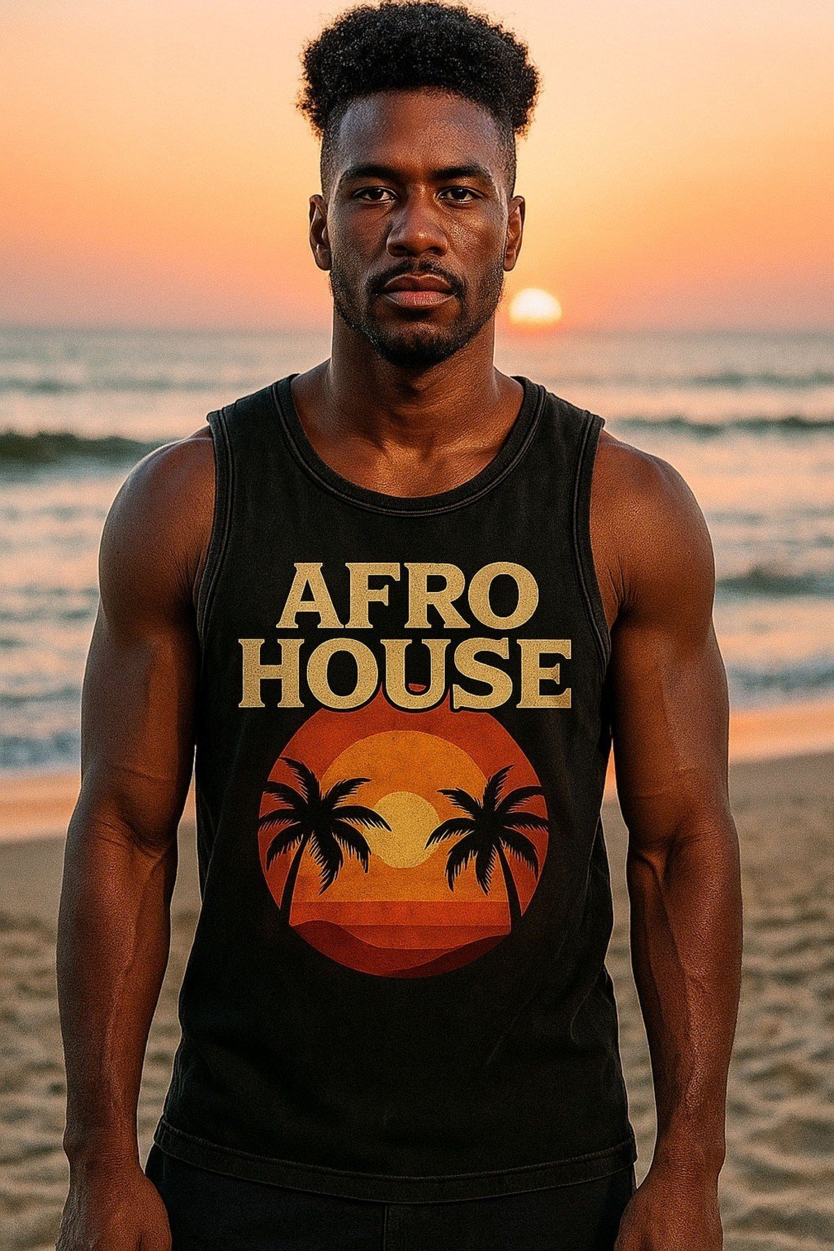 Siyah Erkek Pamuklu Vintage Sporcu Atleti Oversize Yıkamalı Afro House Baskılı Kolsuz T-Shirt