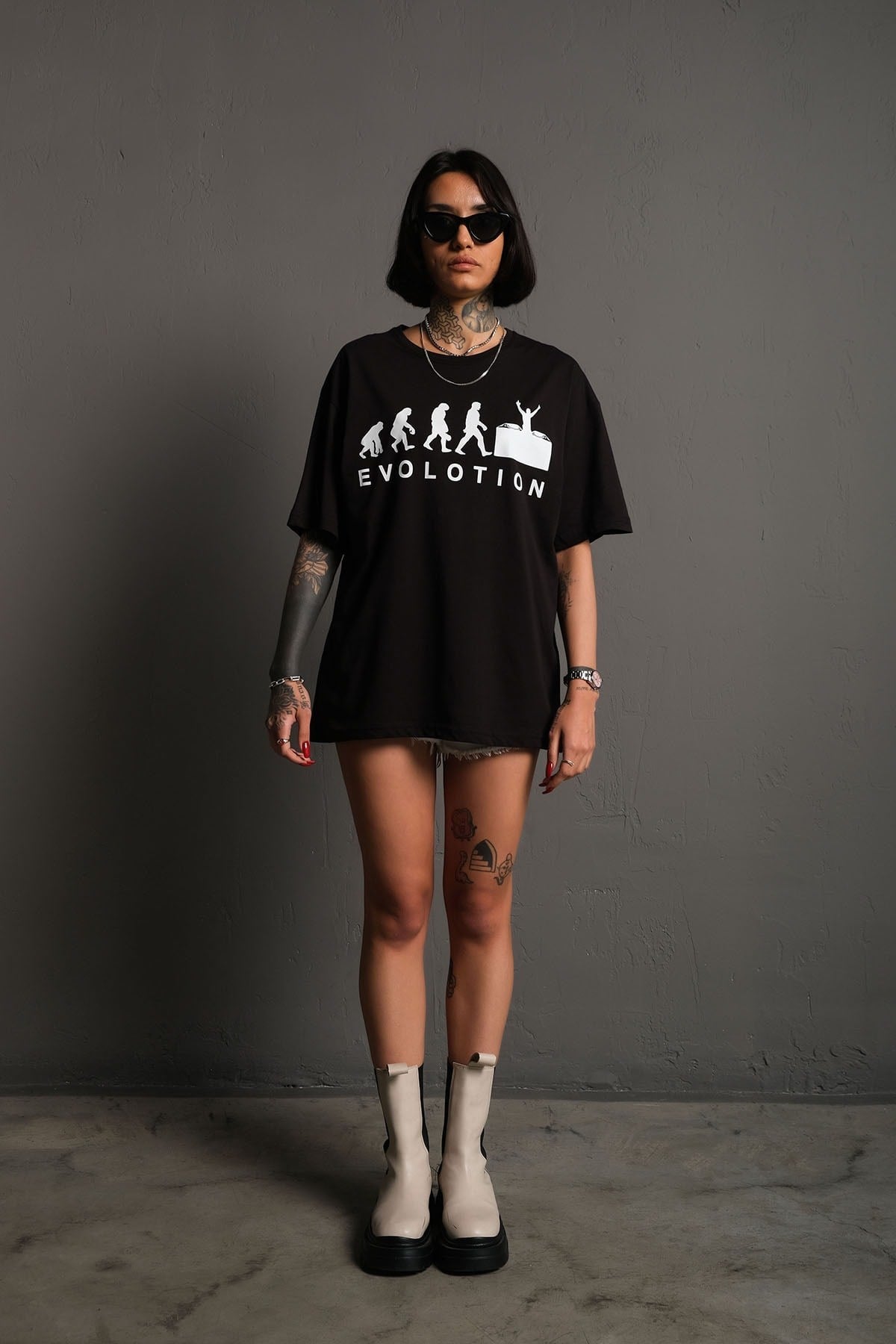 Siyah Oversize Evolution Baskılı Unisex Tişört