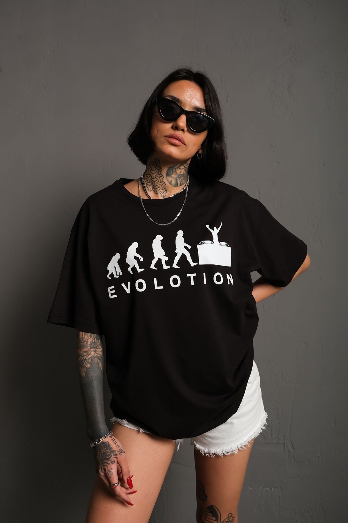 Siyah Oversize Evolution Baskılı Unisex Tişört