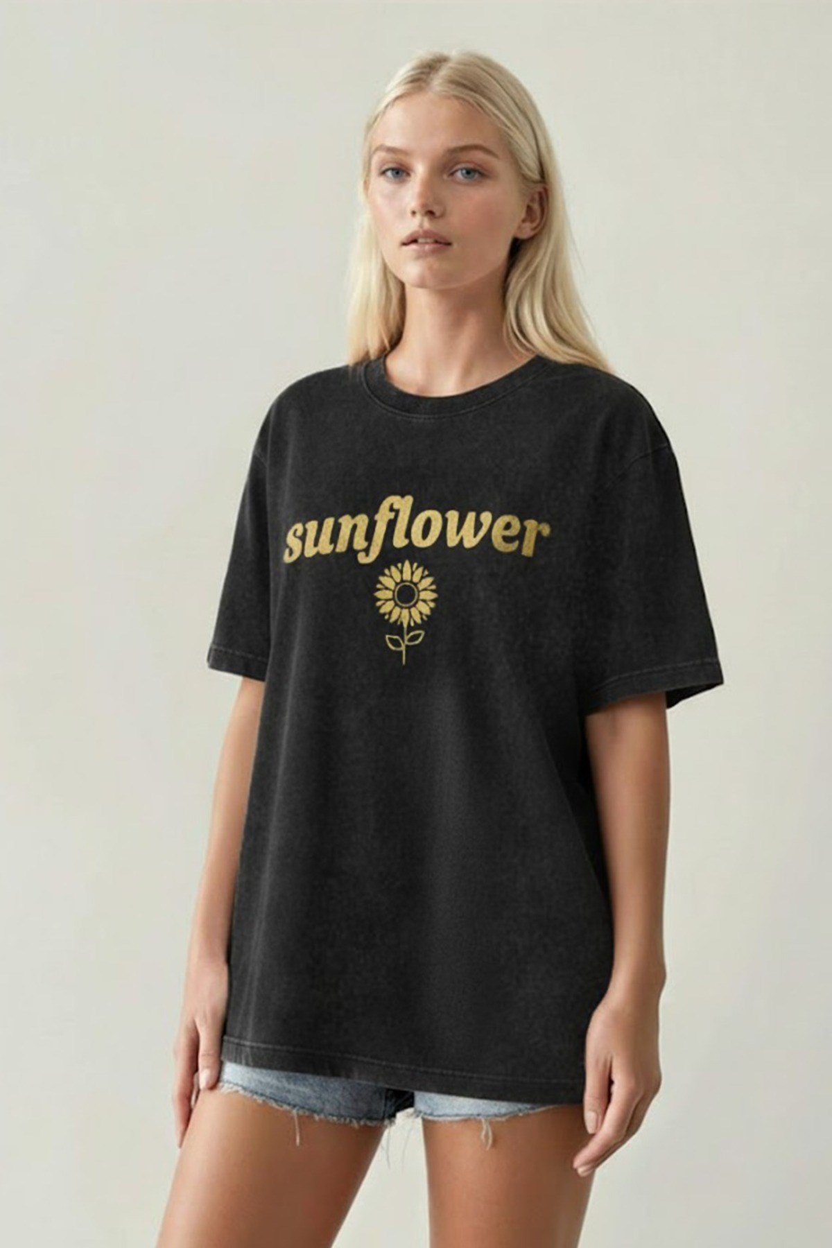 Sunflower Baskılı Yıkamalı Retro Unisex Tişört