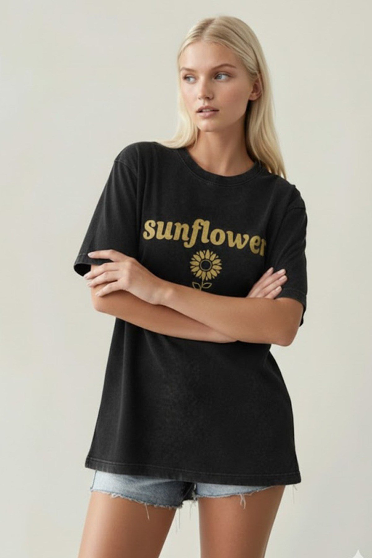 Sunflower Baskılı Yıkamalı Retro Unisex Tişört