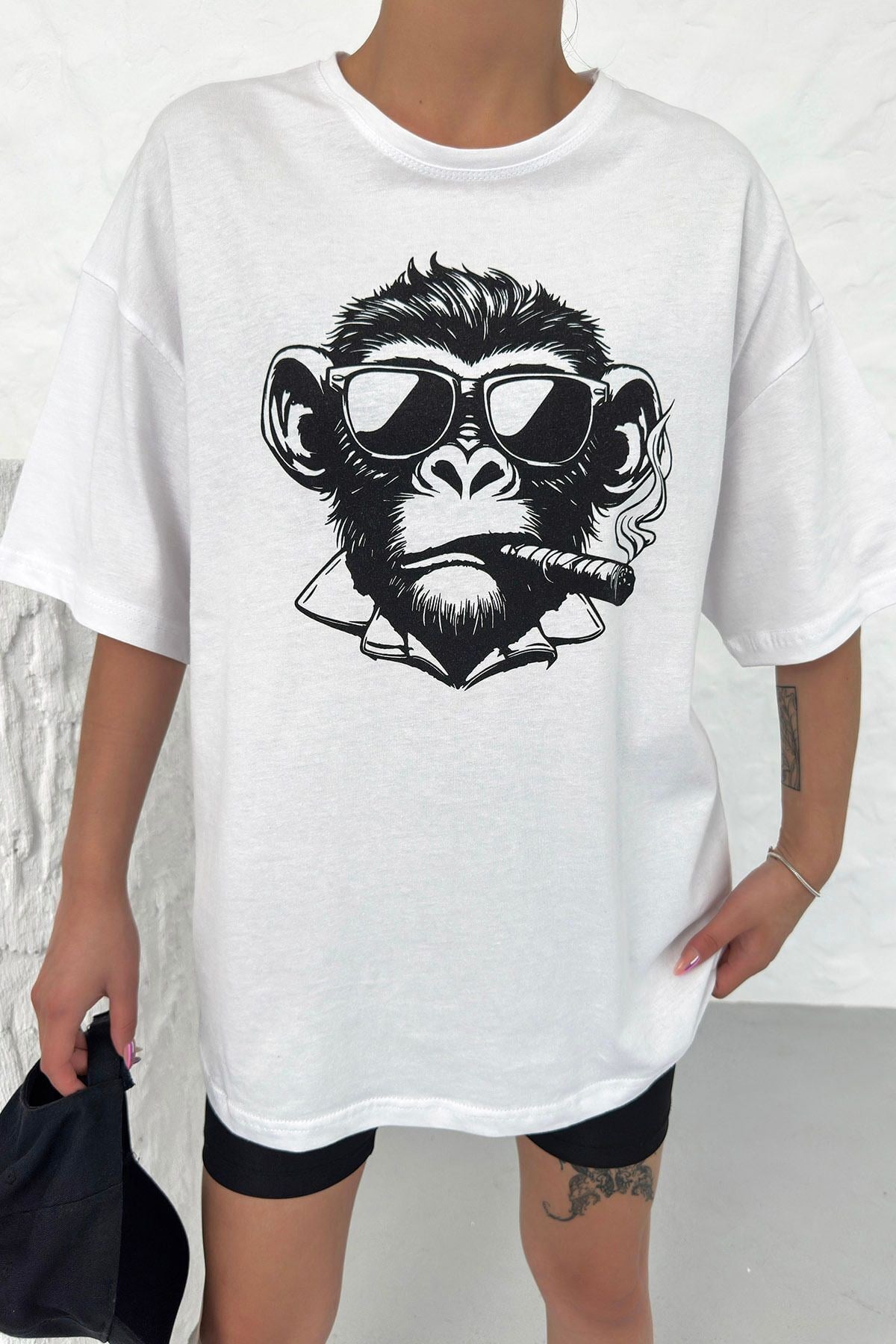Unisex Beyaz Oversize Techno Maymun Baskılı Tişört