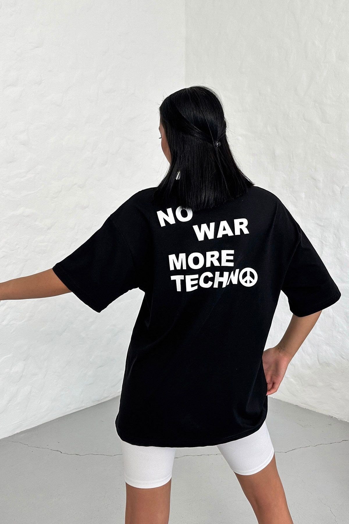 Unisex Siyah Oversize No War More Techno Baskılı Tişört