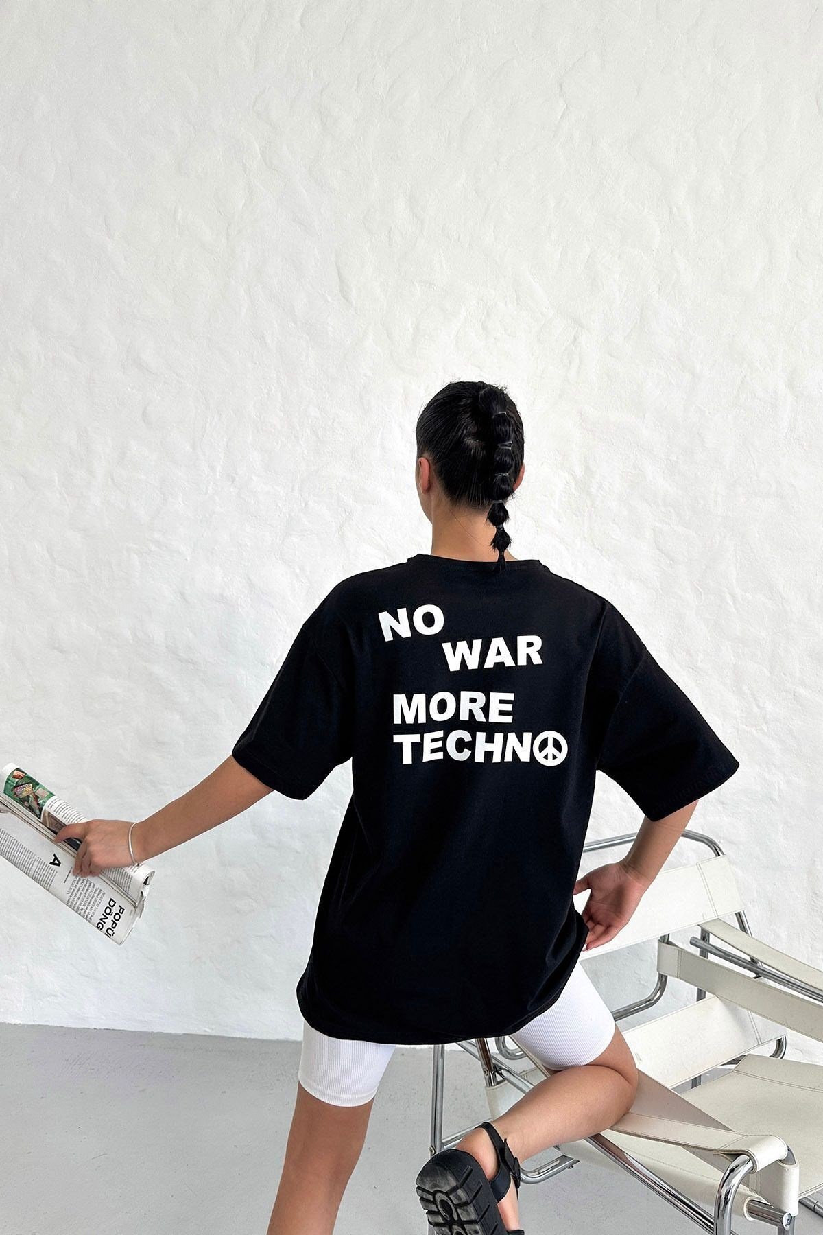 Unisex Siyah Oversize No War More Techno Baskılı Tişört