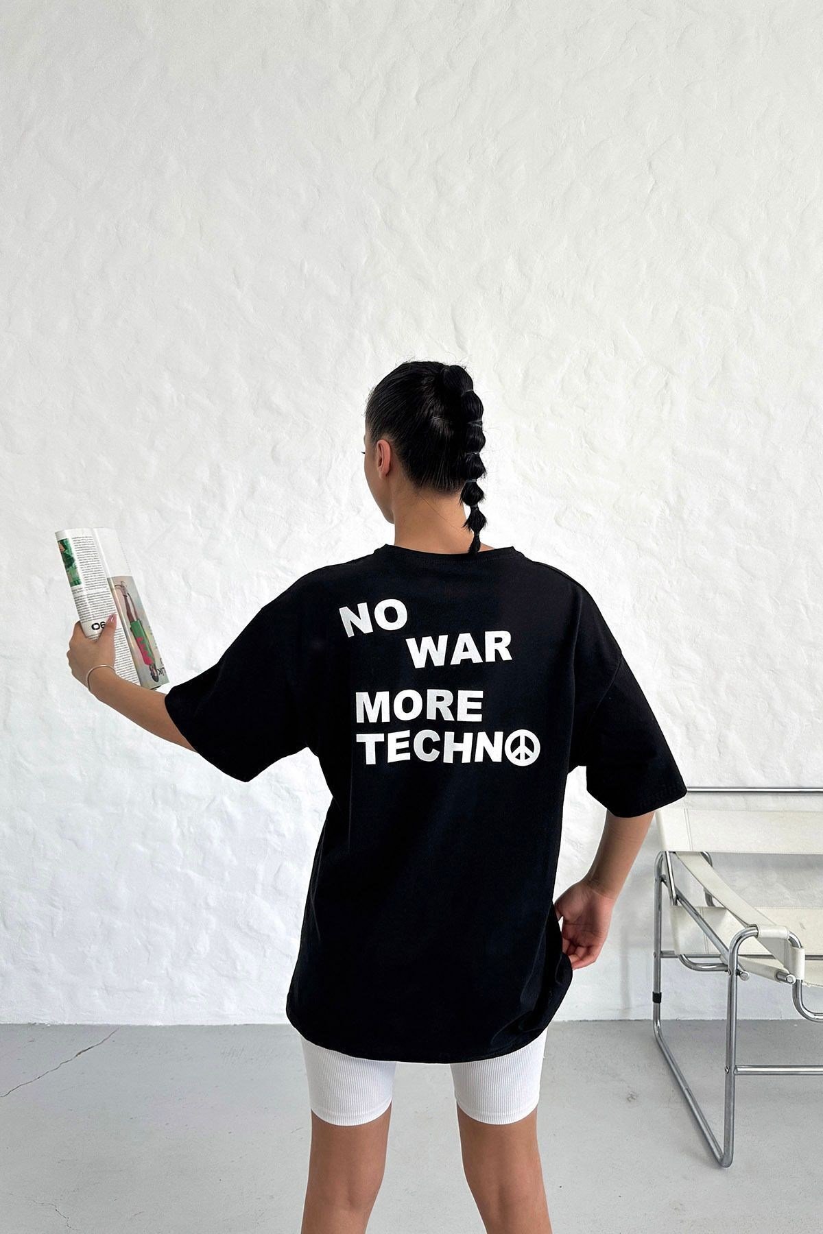 Unisex Siyah Oversize No War More Techno Baskılı Tişört