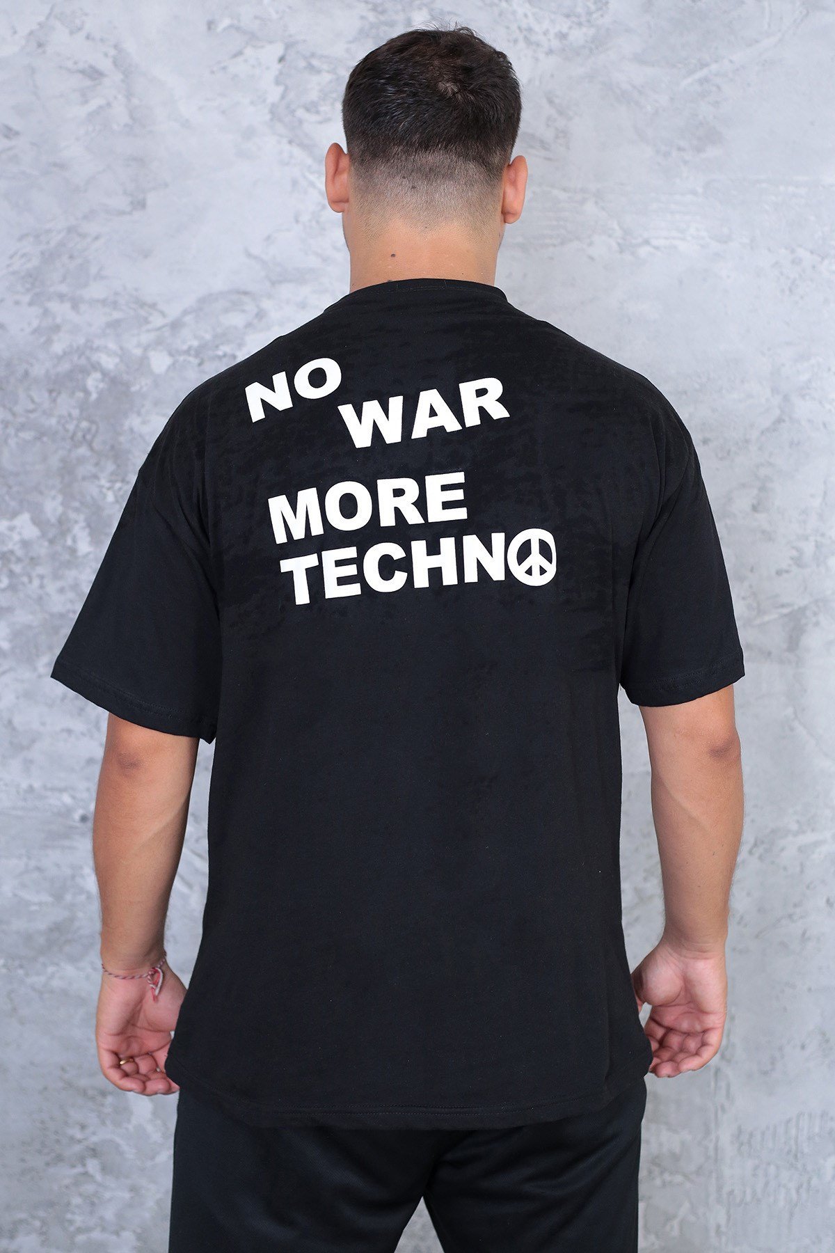 Unisex Siyah Oversize No War More Techno Baskılı Tişört