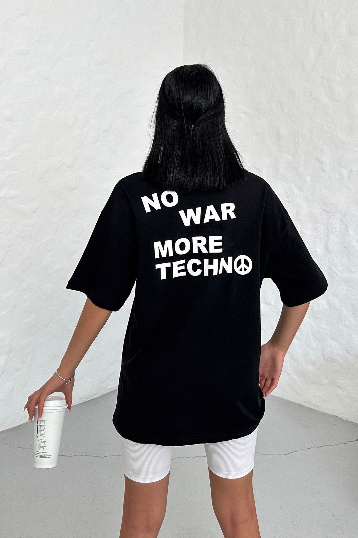 Unisex Siyah Oversize No War More Techno Baskılı Tişört