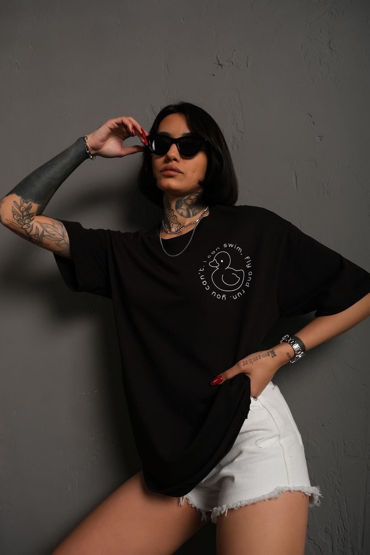 Unisex Siyah Oversize Ördek Baskılı Techno Tişört