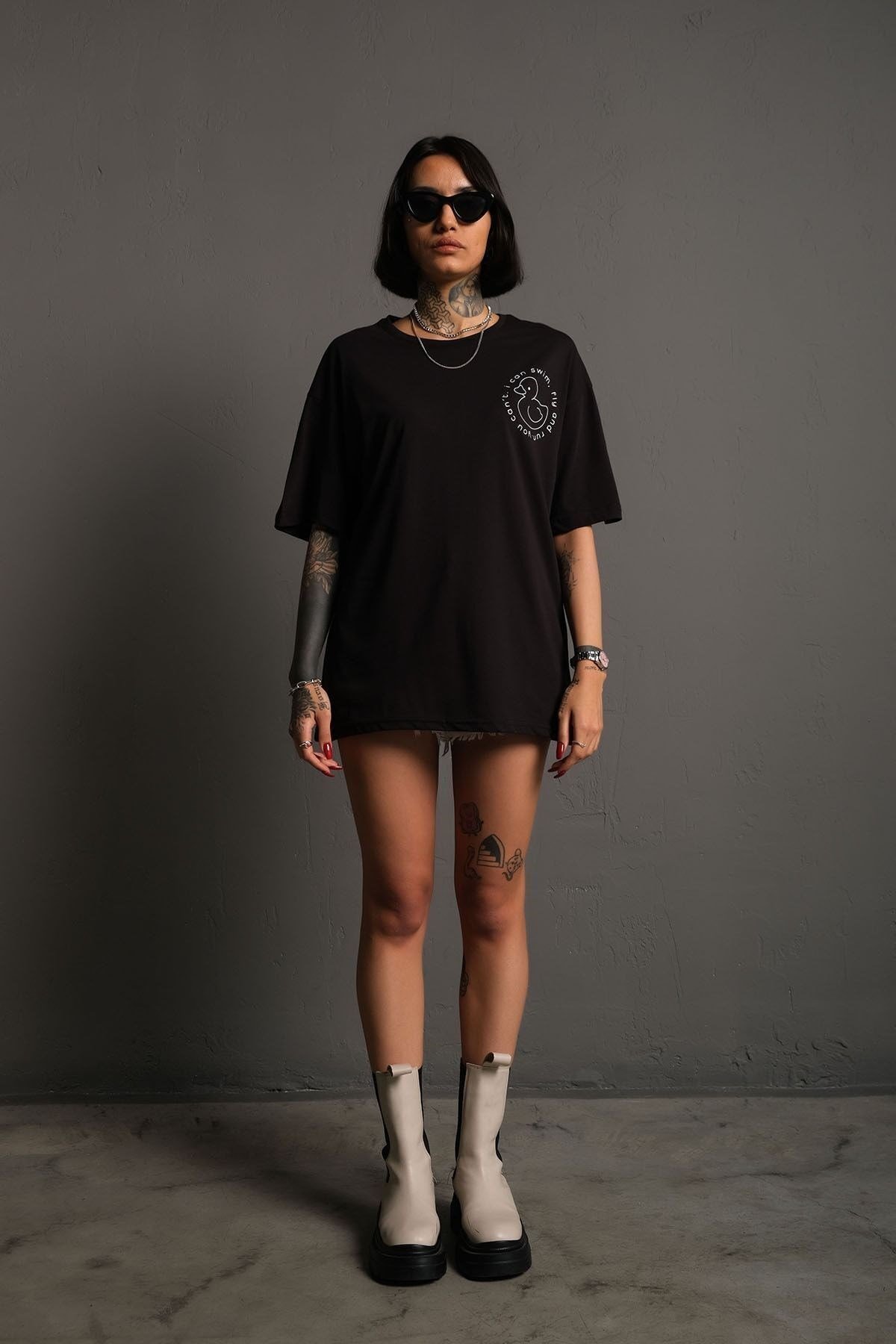 Unisex Siyah Oversize Ördek Baskılı Techno Tişört