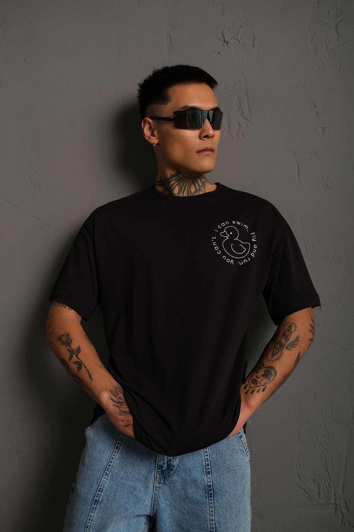 Unisex Siyah Oversize Ördek Baskılı Techno Tişört