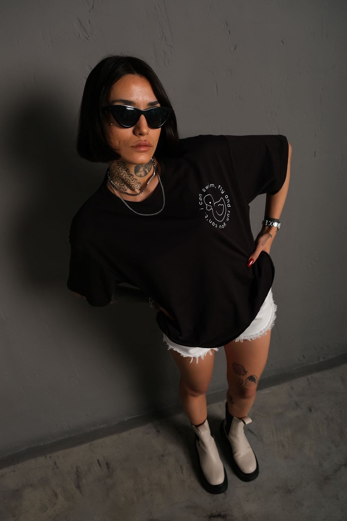 Unisex Siyah Oversize Ördek Baskılı Techno Tişört