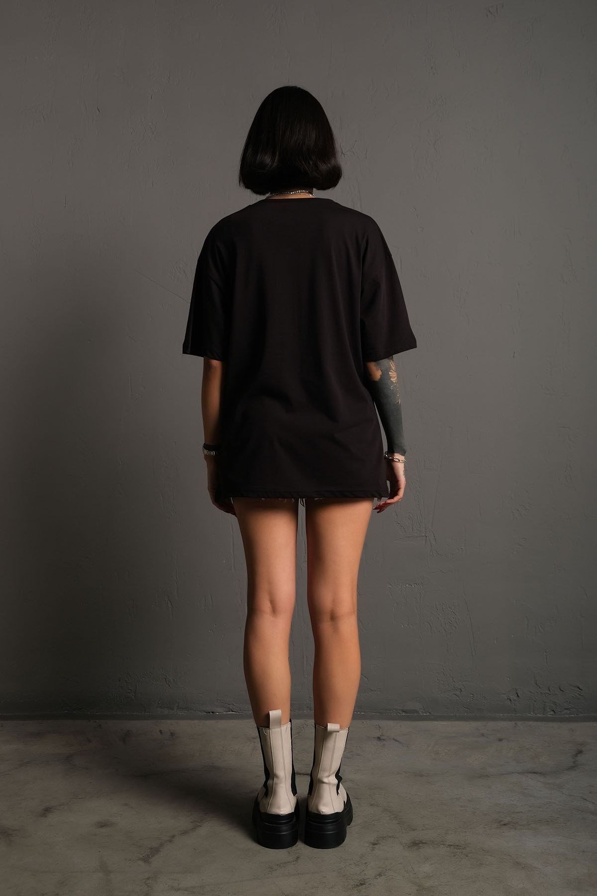 Unisex Siyah Oversize Ördek Baskılı Techno Tişört