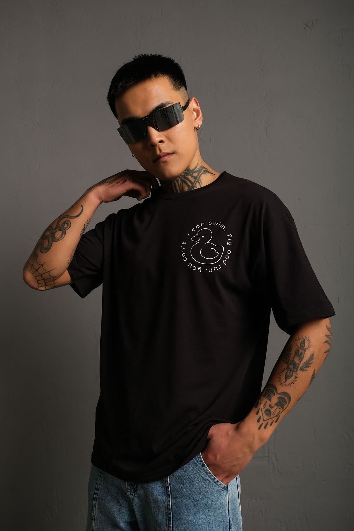 Unisex Siyah Oversize Ördek Baskılı Techno Tişört