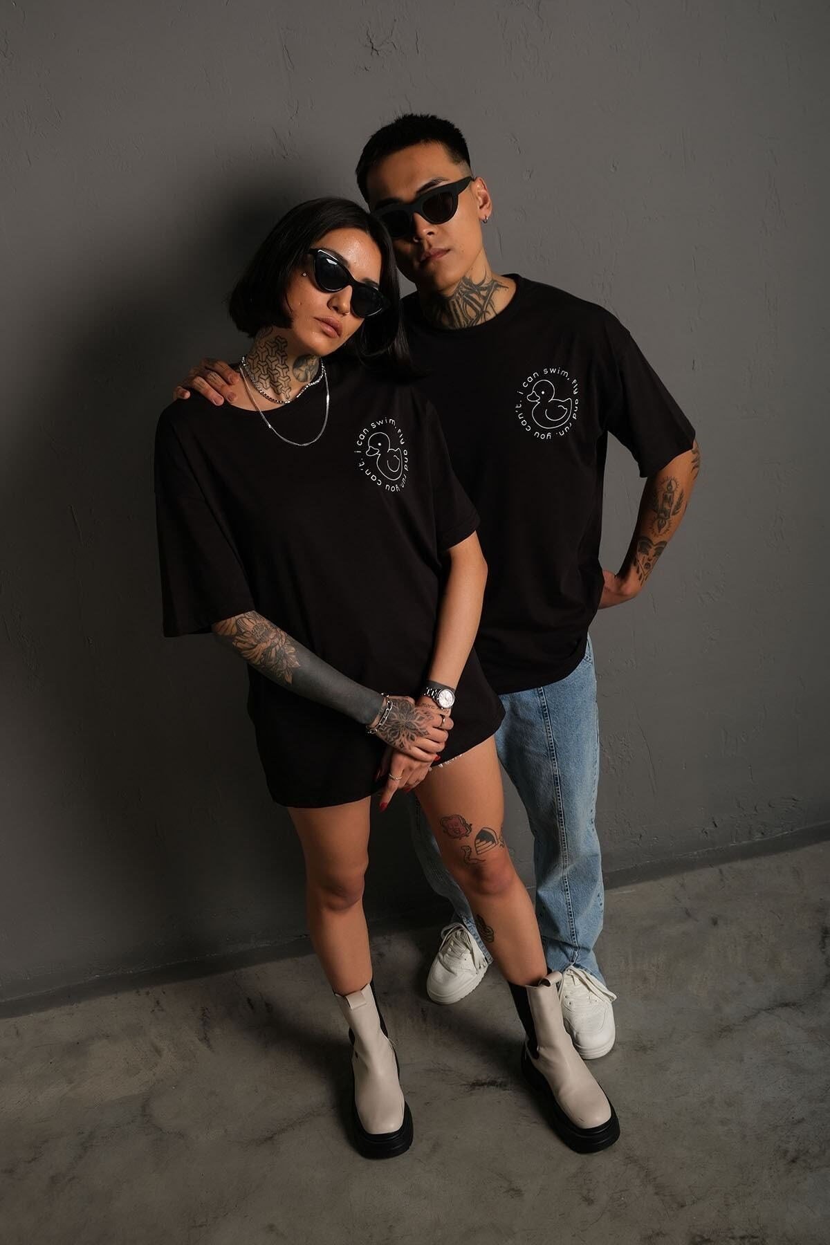 Unisex Siyah Oversize Ördek Baskılı Techno Tişört
