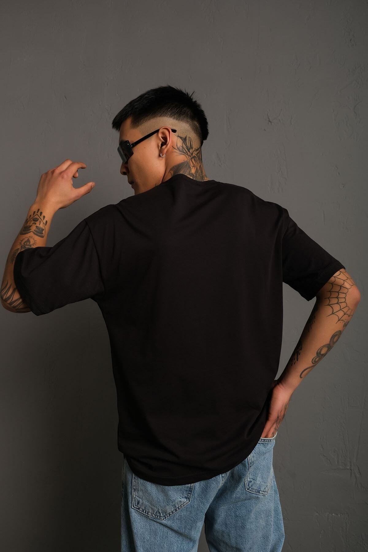 Unisex Siyah Oversize Ördek Baskılı Techno Tişört