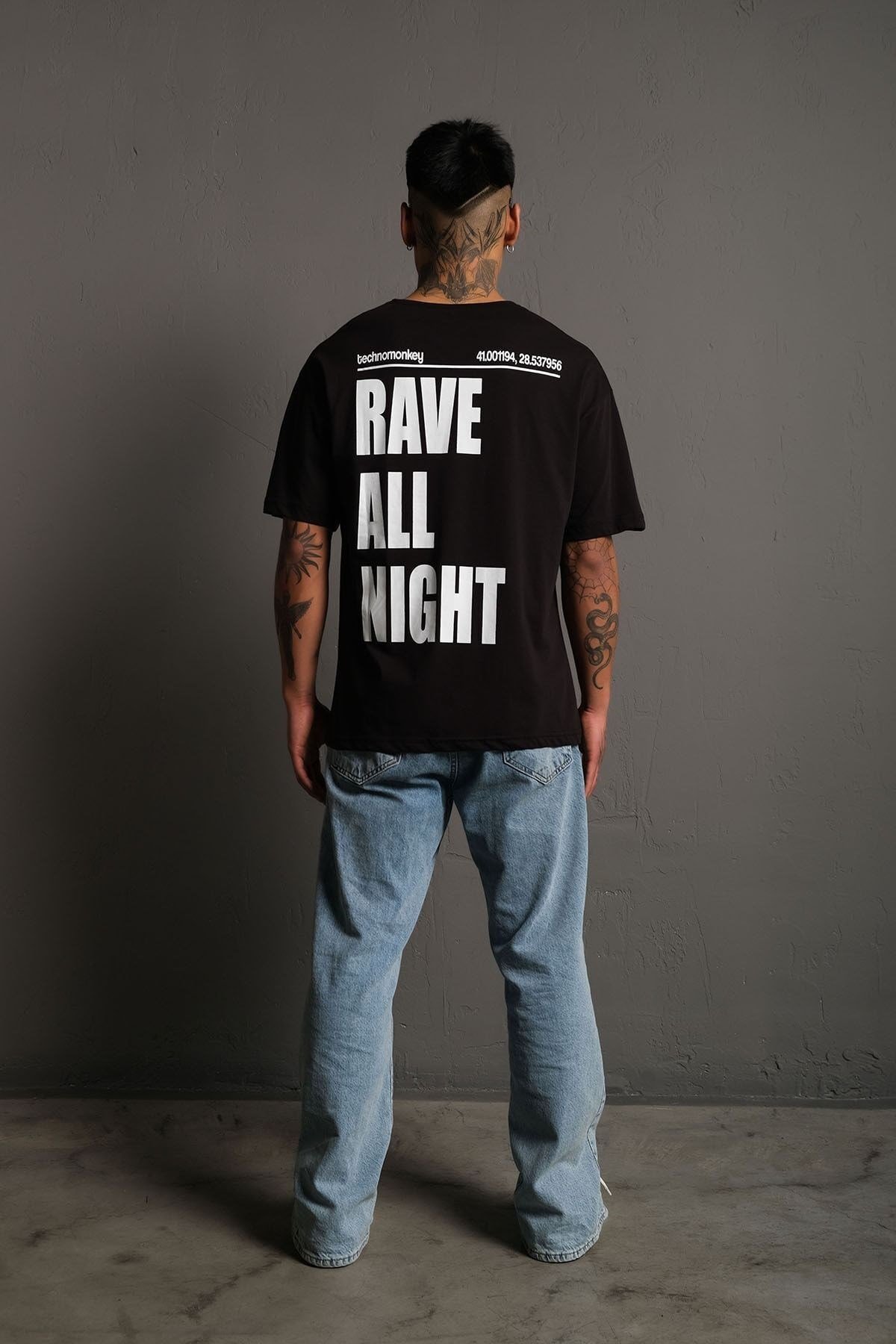 Unisex Siyah Oversize Rave All Night Baskılı Tişört