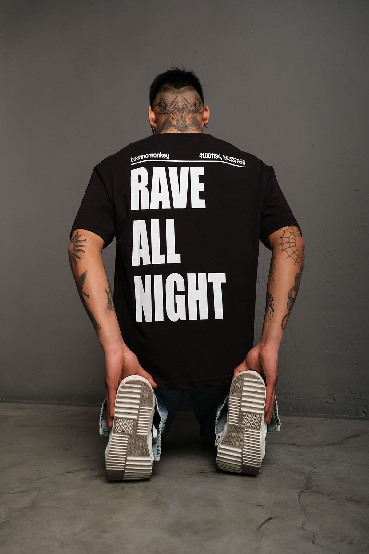 Unisex Siyah Oversize Rave All Night Baskılı Tişört