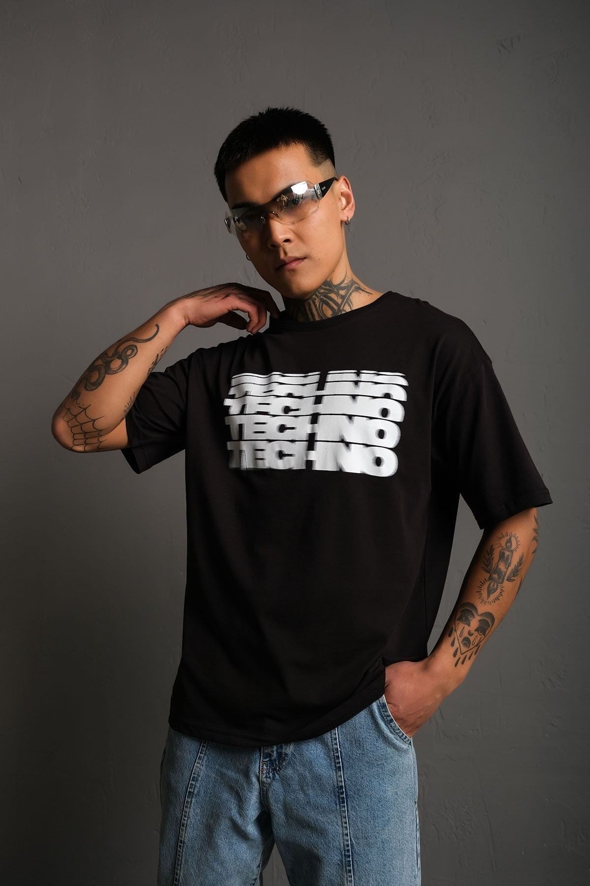 Unisex Siyah Oversize Techno Baskılı Tişört