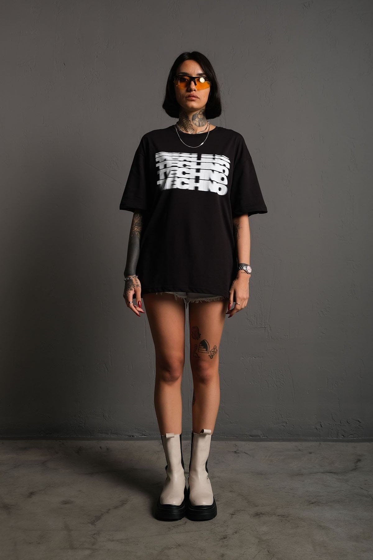 Unisex Siyah Oversize Techno Baskılı Tişört
