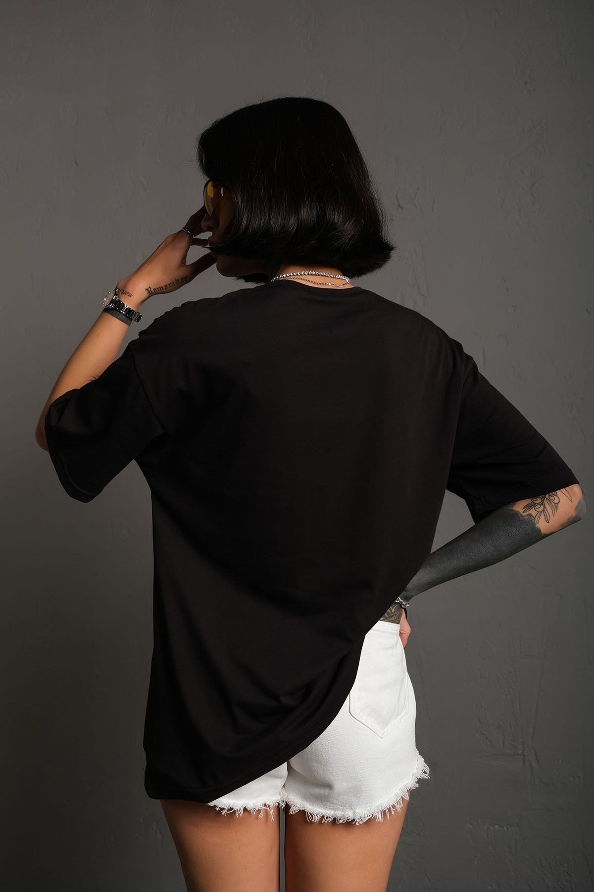 Unisex Siyah Oversize Techno Baskılı Tişört