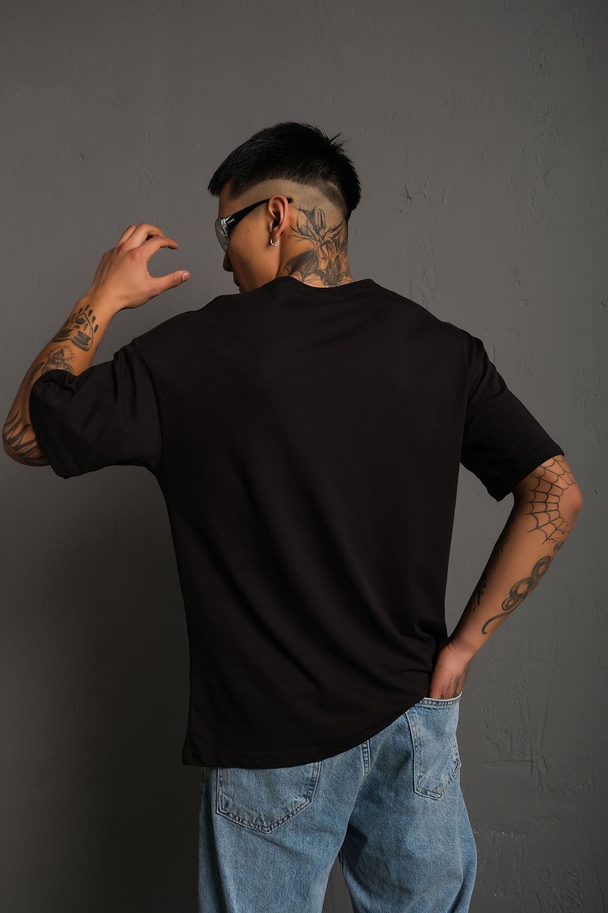 Unisex Siyah Oversize Techno Baskılı Tişört