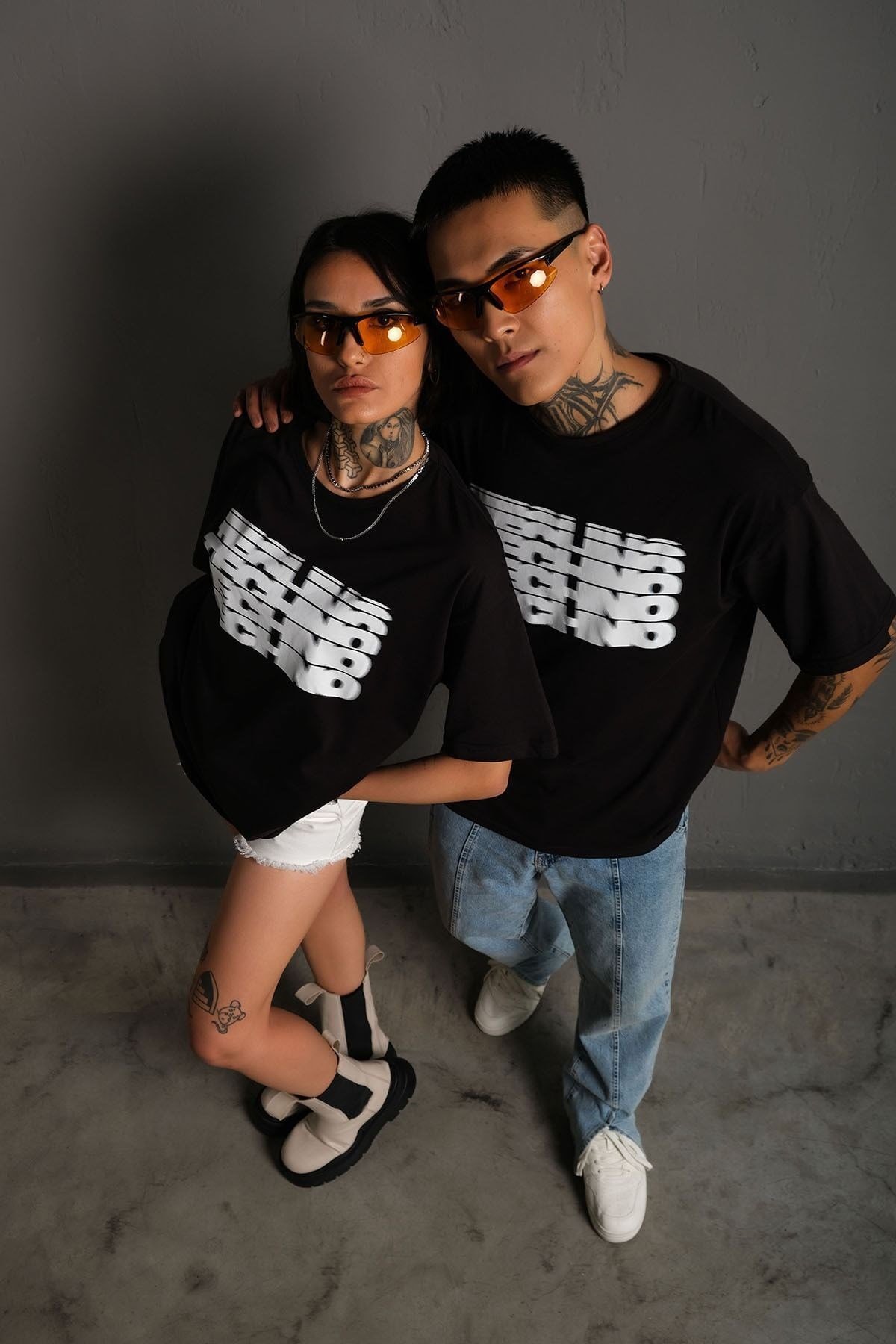 Unisex Siyah Oversize Techno Baskılı Tişört