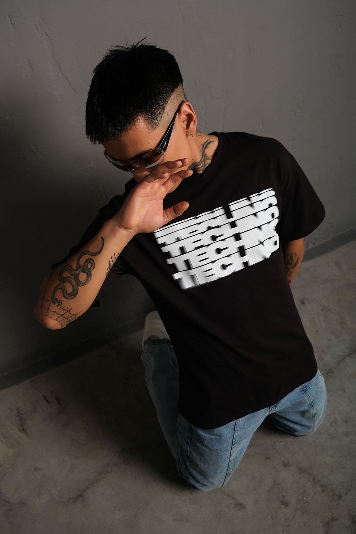 Unisex Siyah Oversize Techno Baskılı Tişört