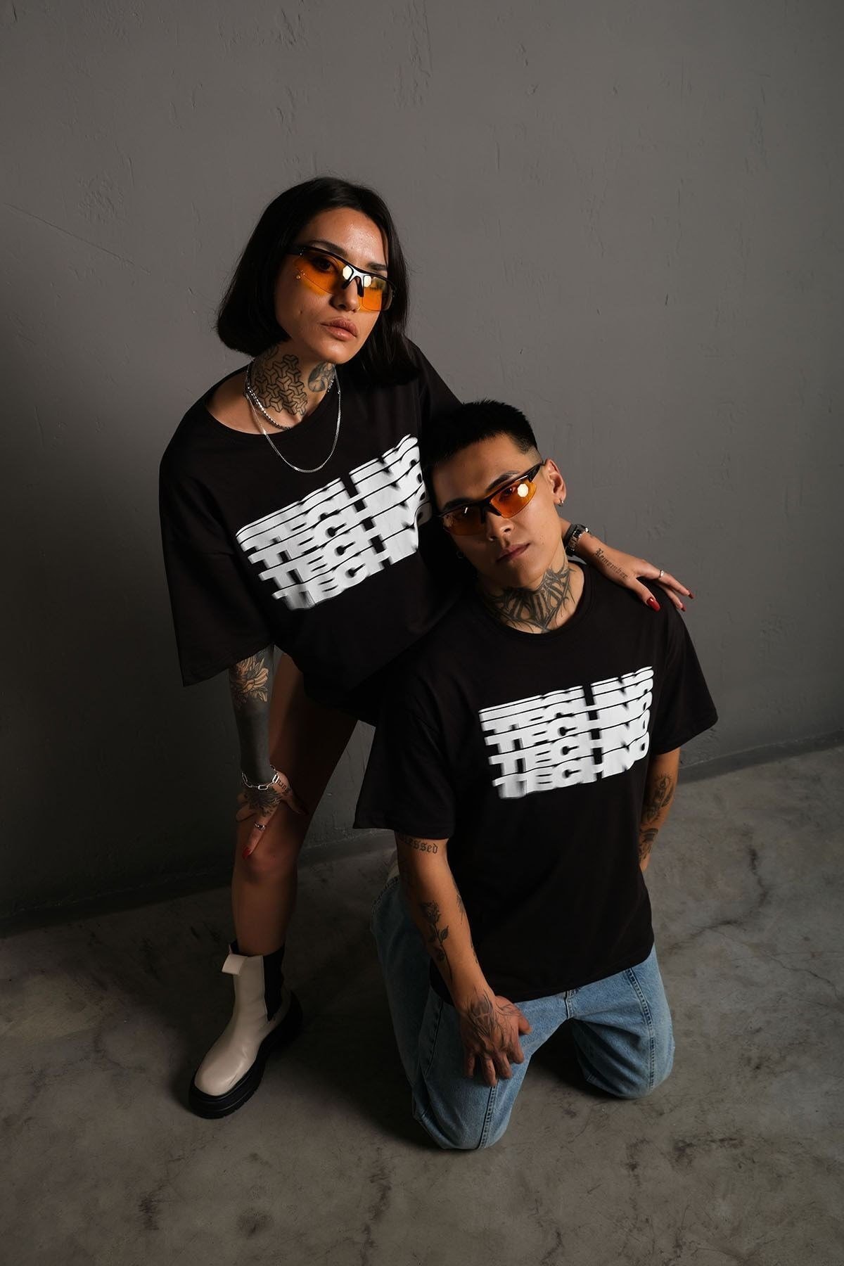Unisex Siyah Oversize Techno Baskılı Tişört