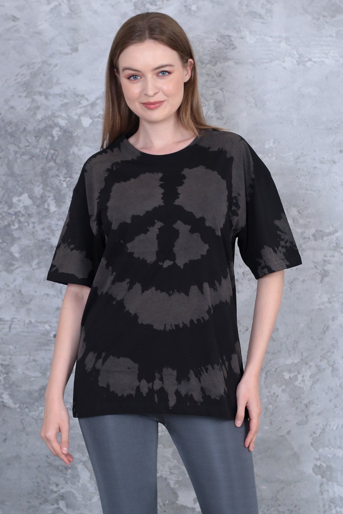 Unisex yıkamalı retro batik desen peace baskılı oversize t-shirt