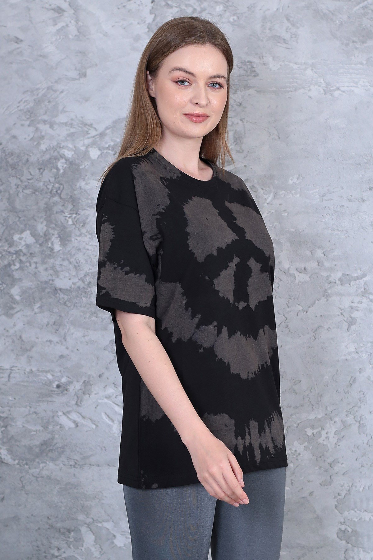 Unisex yıkamalı retro batik desen peace baskılı oversize t-shirt