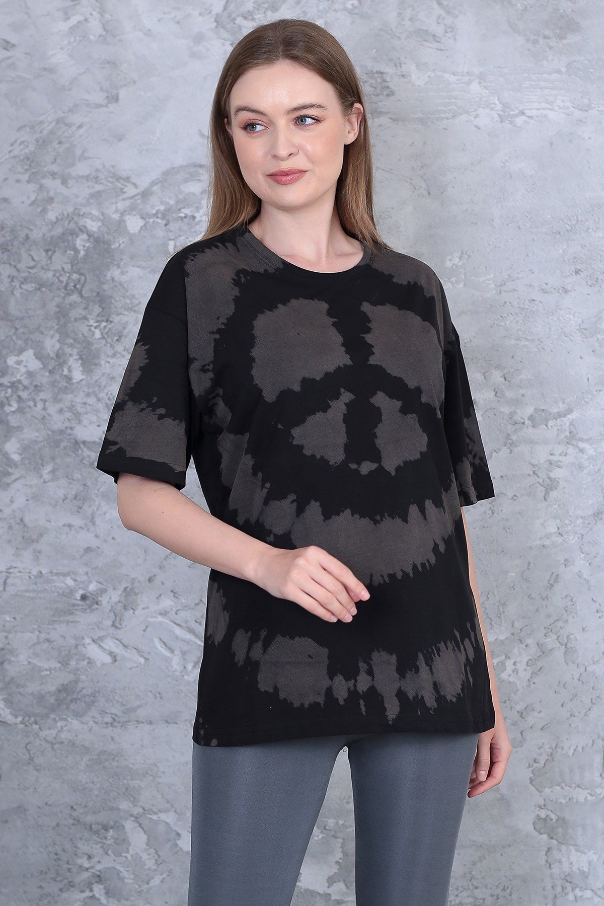 Unisex yıkamalı retro batik desen peace baskılı oversize t-shirt