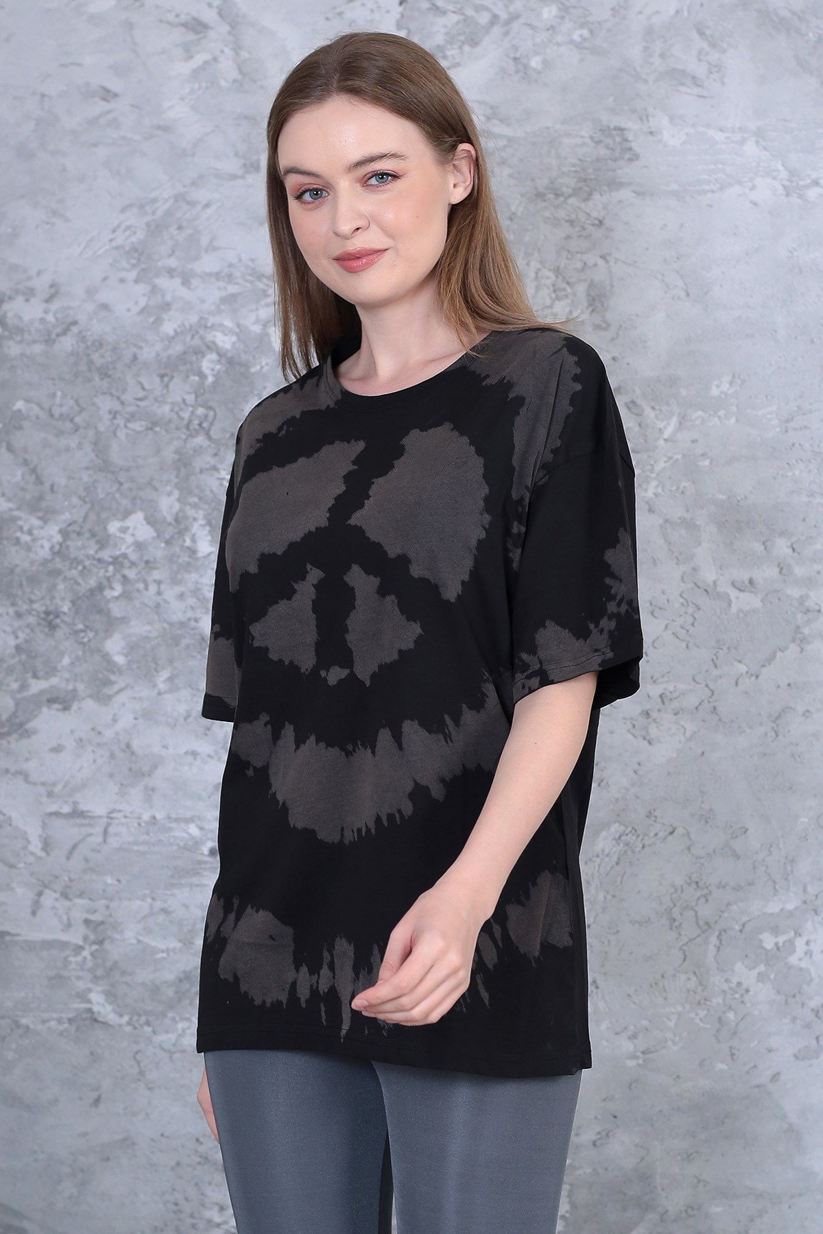 Unisex yıkamalı retro batik desen peace baskılı oversize t-shirt