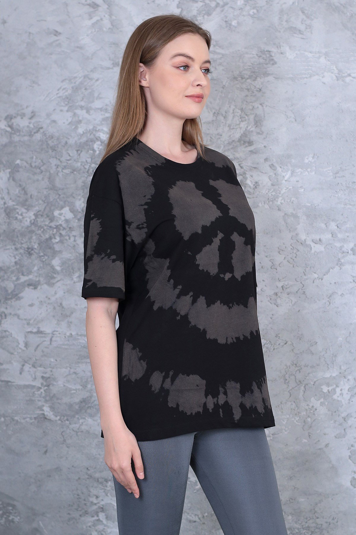 Unisex yıkamalı retro batik desen peace baskılı oversize t-shirt