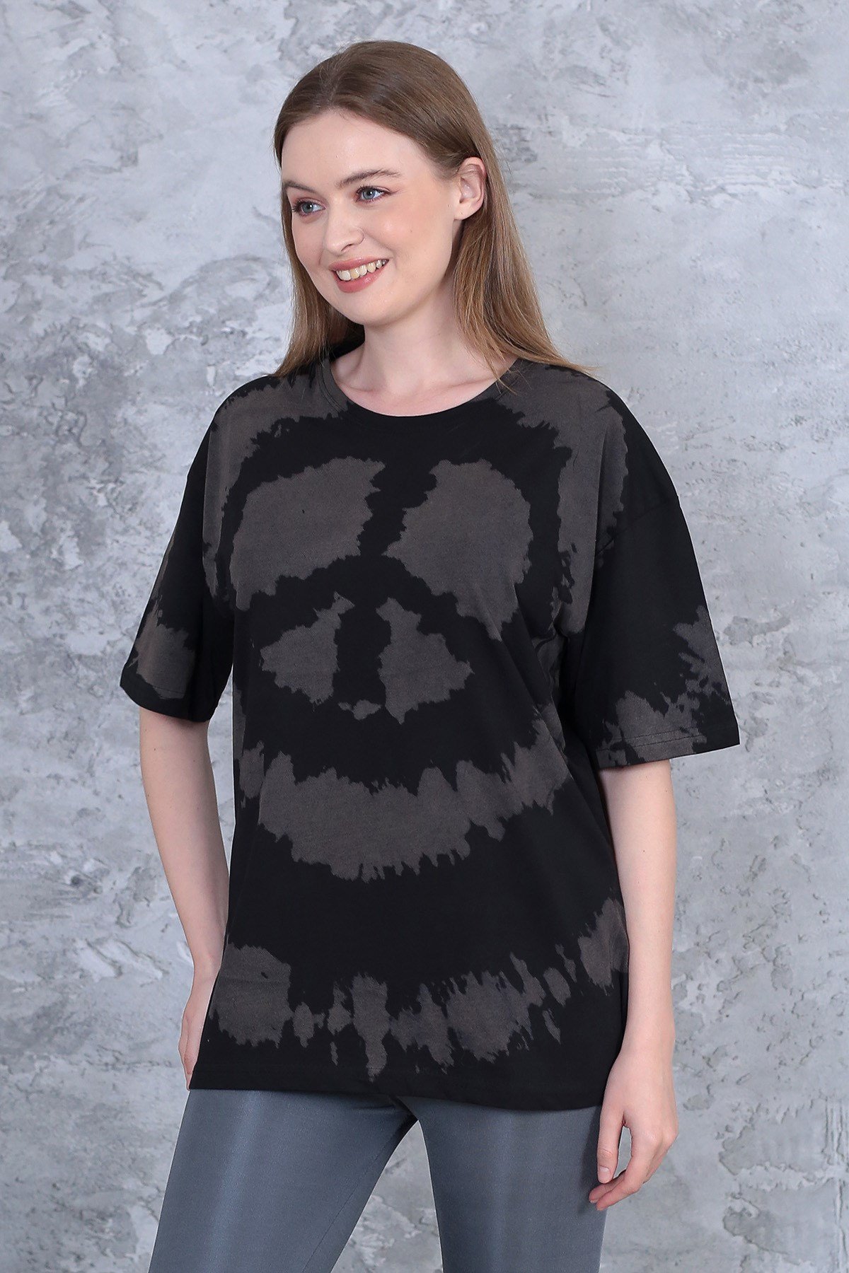 Unisex yıkamalı retro batik desen peace baskılı oversize t-shirt