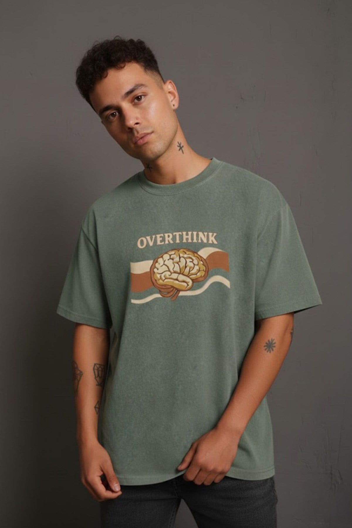 Yeşil Overthink Baskılı Pamuklu Unisex Tişört