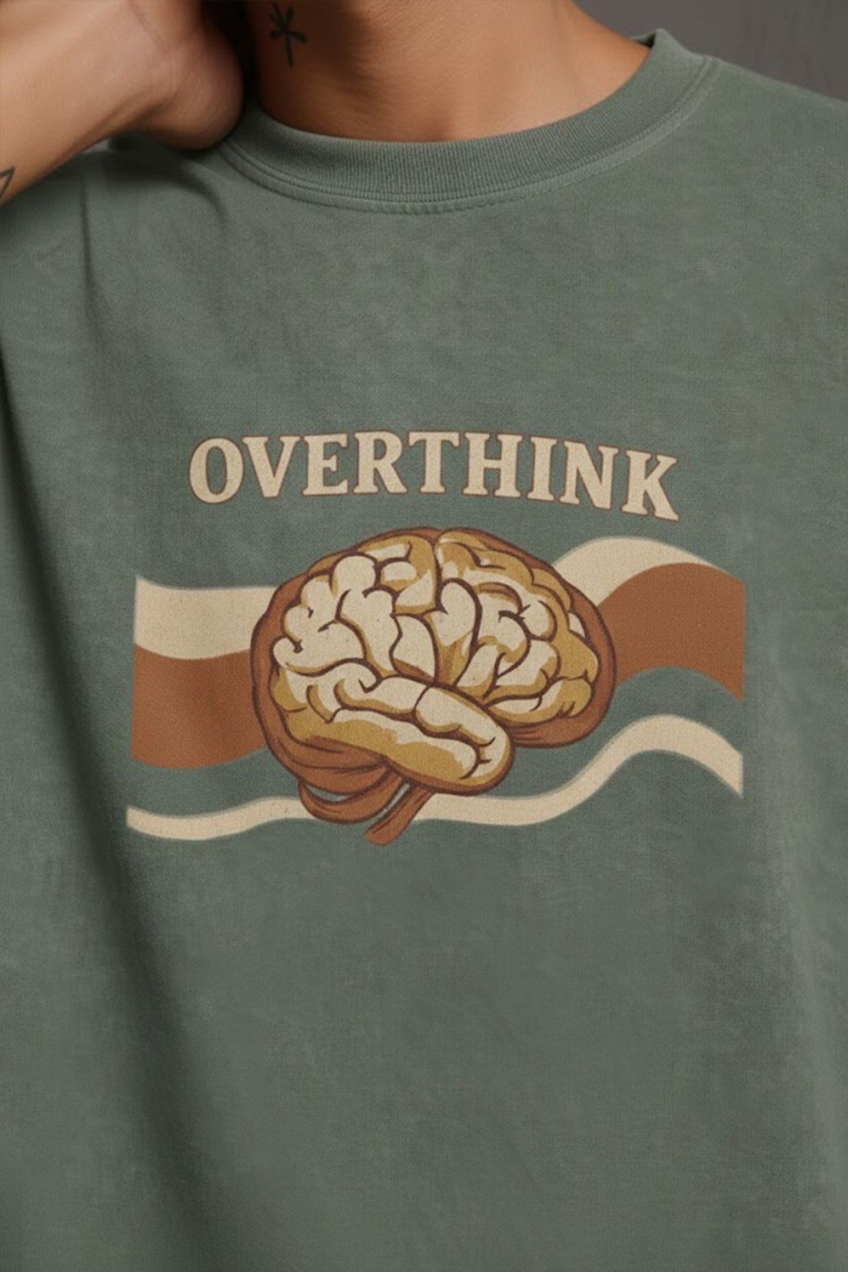 Yeşil Overthink Baskılı Pamuklu Unisex Tişört