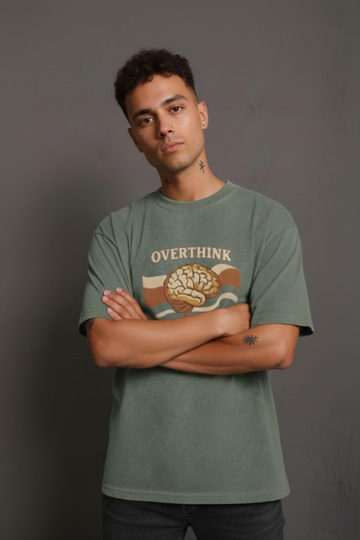 Yeşil Overthink Baskılı Pamuklu Unisex Tişört