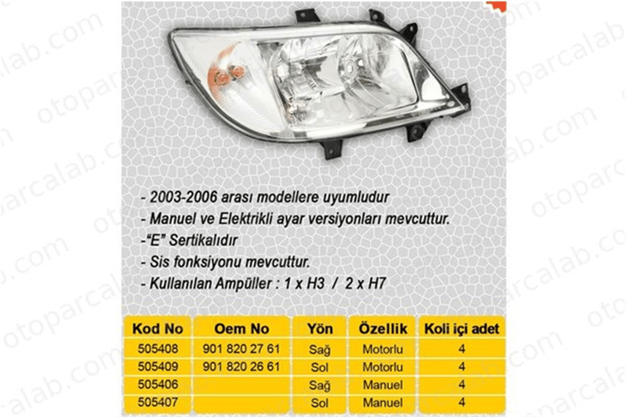 AYFAR 505408 Far Sağ MERCEDES-BENZ SPRINTER 4-t Panelvan/Van SPRINTER 4-t Platform şasi 9018202661 9018202761