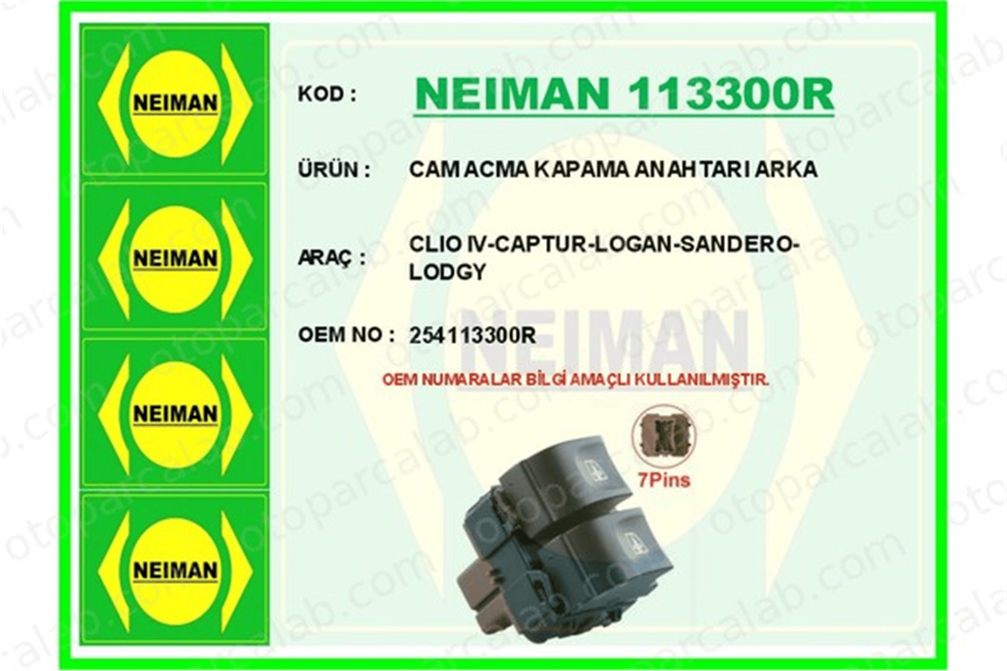 BESCHER 113300R Cam Açma Düğmesi Arka Sağ veya Sol RENAULT CLIO IV CAPTUR I 254113300R